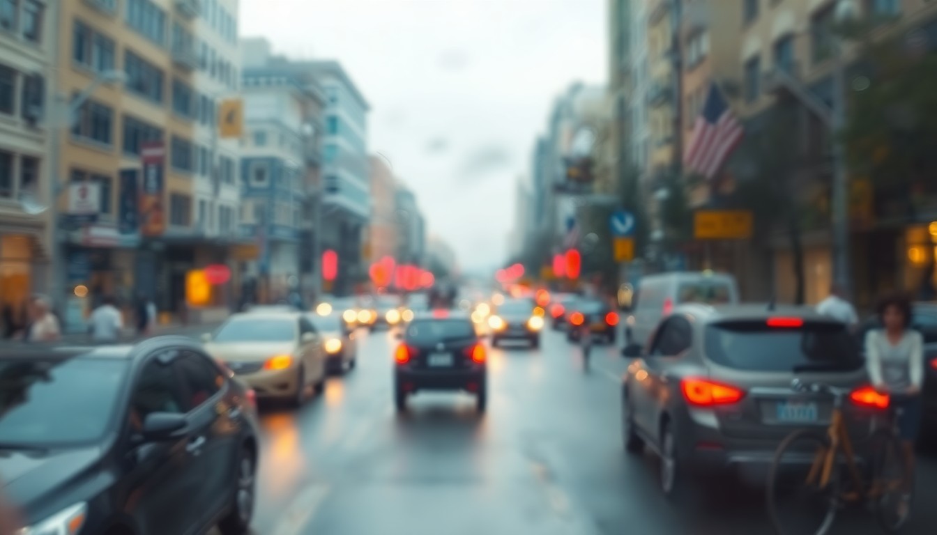 An abstract, impressionistic scene of a busy city street, with blurred shapes and muted colors representing cars, pedestrians, and bicycles, conveying the energy and movement of urban transportation.