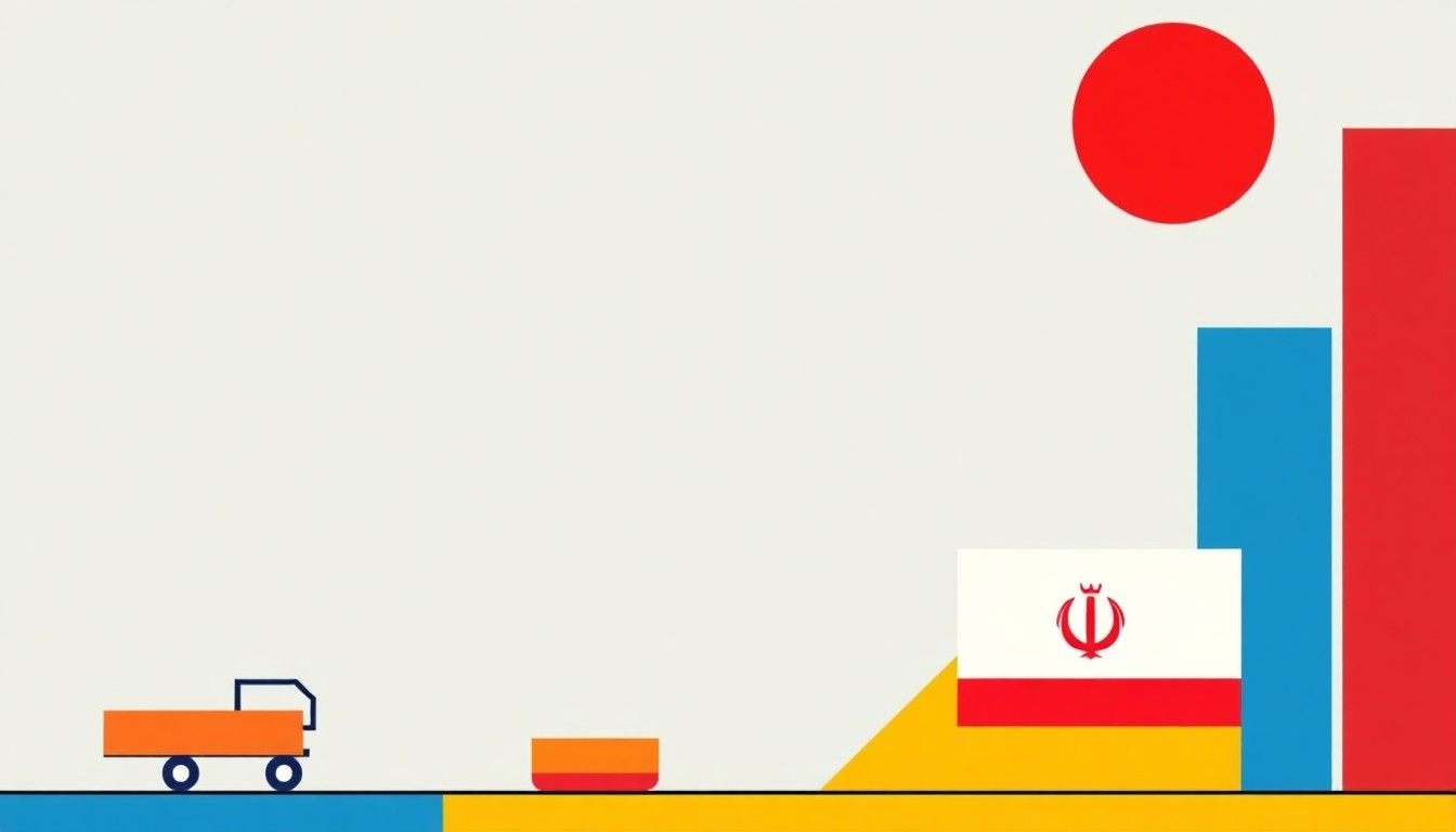 A minimalist, abstract illustration using bold geometric shapes and primary colors to represent the economic impacts of the Iran conflict, including rising fuel prices, disrupted supply chains, and tightening monetary policy.