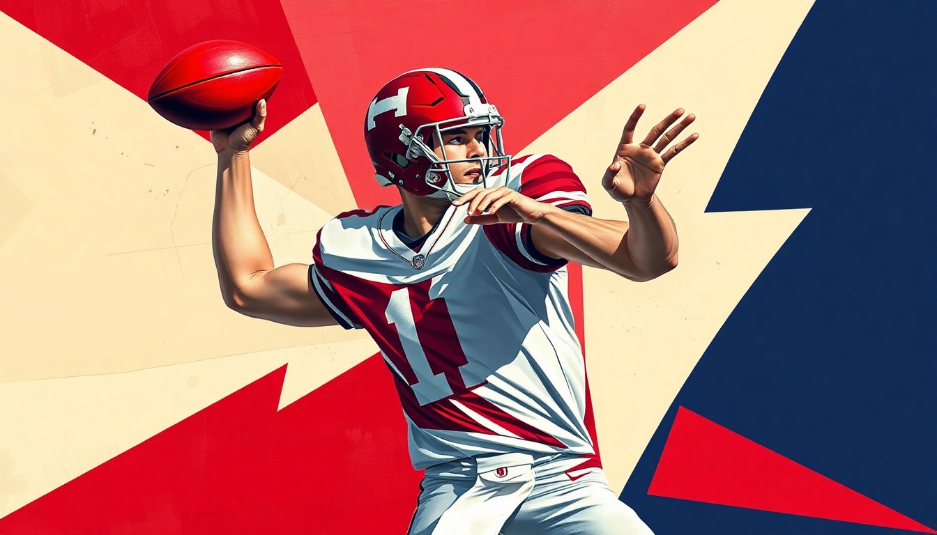 A cubist, geometric illustration depicting a quarterback's throwing motion broken down into overlapping planes of crimson red, cream, and navy blue, capturing the raw athleticism and skill of a potential future NFL star.