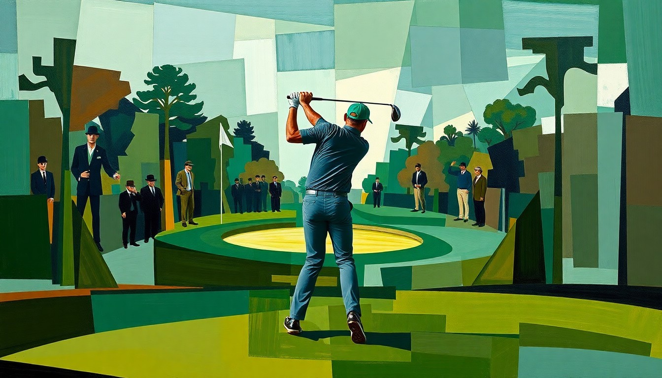 A cubist, geometric painting depicting a golfer's swing in multiple overlapping perspectives, with sharp planes of deep greens, browns, and blues representing the Augusta National course.