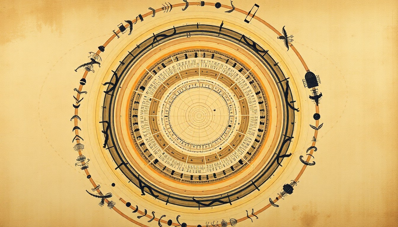 A highly structured abstract painting in soft, earthy tones featuring sweeping geometric arcs, concentric circles, and precise botanical spirals, conceptually representing the complex process of using advanced imaging and AI to virtually unroll and decipher the charred Herculaneum papyri scrolls.