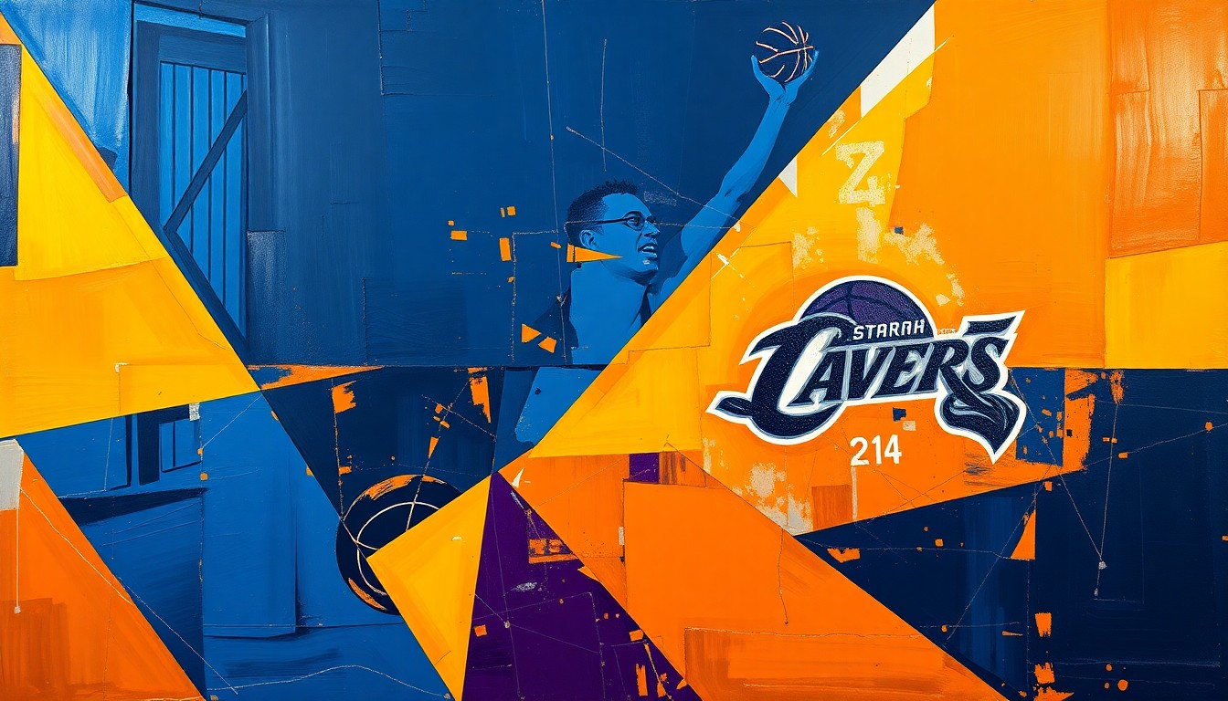 A cubist, geometric painting depicting a fragmented basketball court scene, with sharp planes of navy blue, orange, and silver representing the dynamic energy of an NBA game.