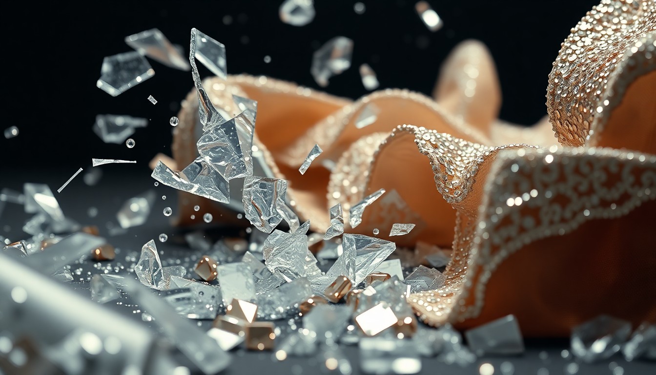 An extreme close-up photograph of shattered glass, glittering sequins, and torn fabric in high-contrast studio lighting, conceptually representing the fractured personal and financial relationships.