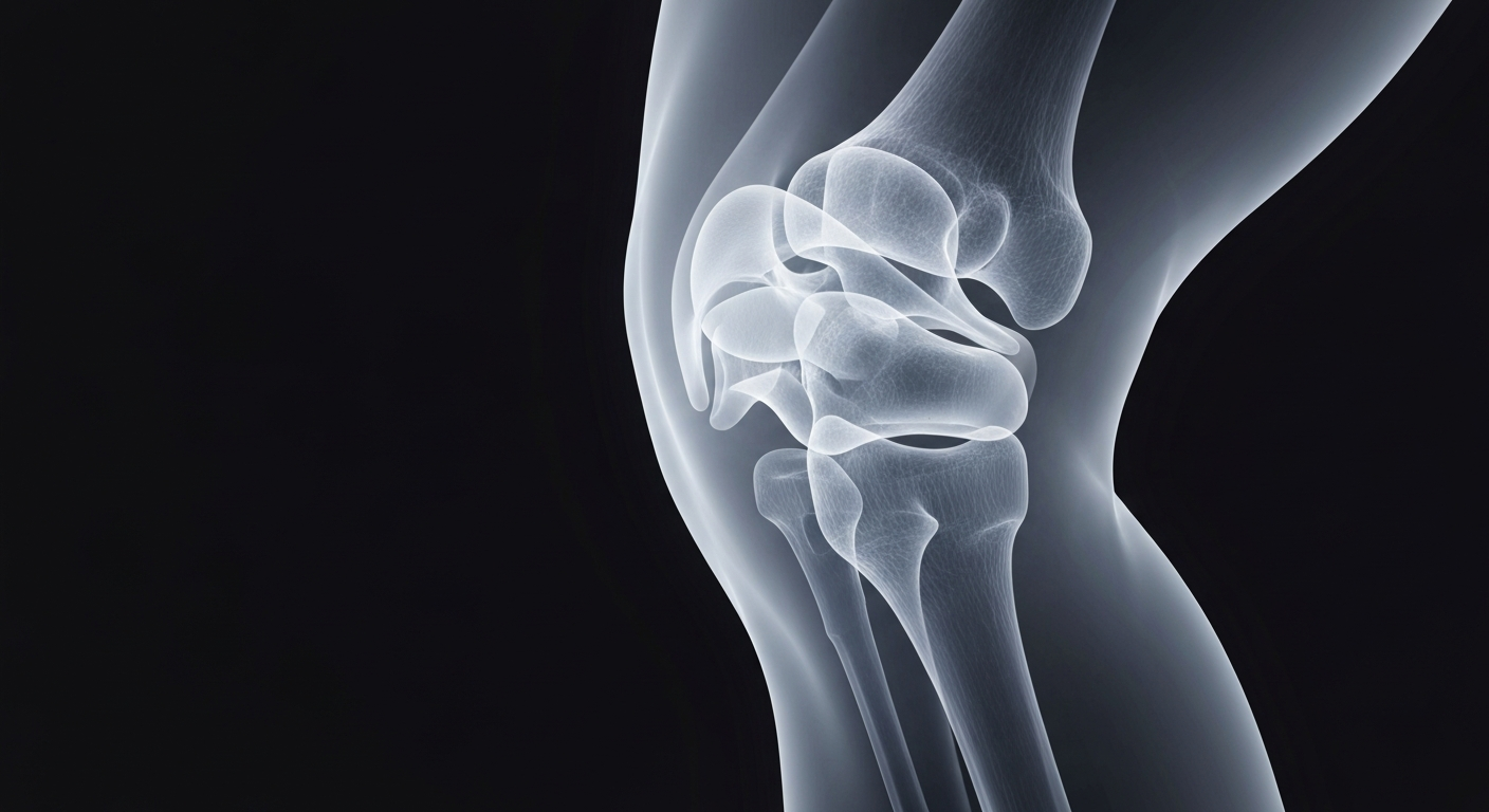 A translucent, ghostly X-ray image revealing the intricate bone and ligament structure of a human knee joint, conceptually representing the specialized anatomy involved in regenerative orthobiologic treatments.