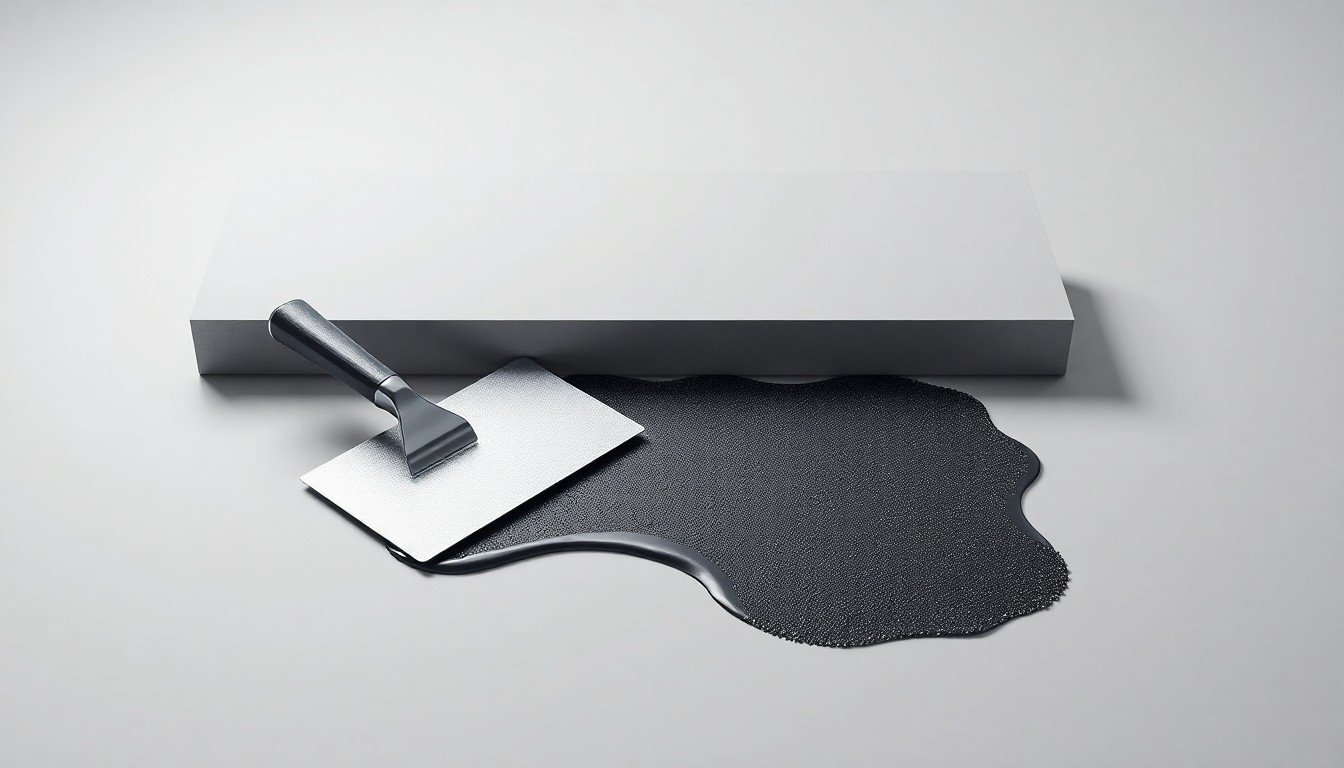 A photorealistic studio still life featuring a smooth concrete slab, a metal trowel, and a small puddle of fresh asphalt, conveying the precision and quality of Platinum Paving's commercial infrastructure work.