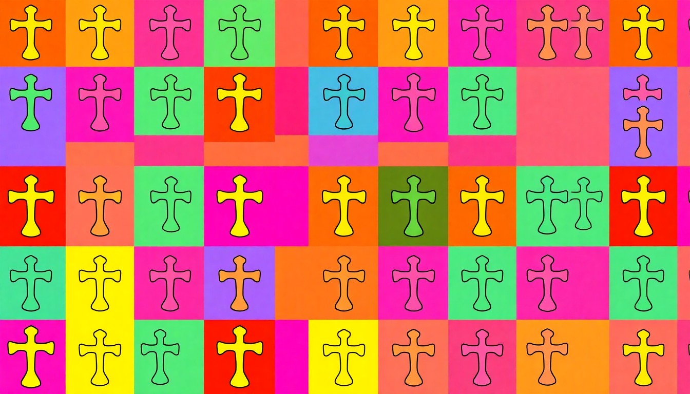A brightly colored, high-contrast silkscreen print of a religious chalice repeated in a tight grid pattern, conceptually representing the process of establishing a new religious community.
