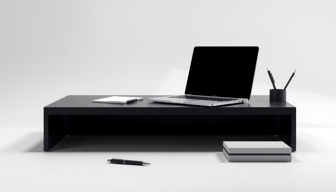 A high-end, photorealistic studio still-life photograph featuring a sleek, modern office desk with a laptop, pen, and minimalist desk organizer in shades of gray, white, and black, conceptually representing the abstract concepts of corporate strategy, finance, and real estate investment.