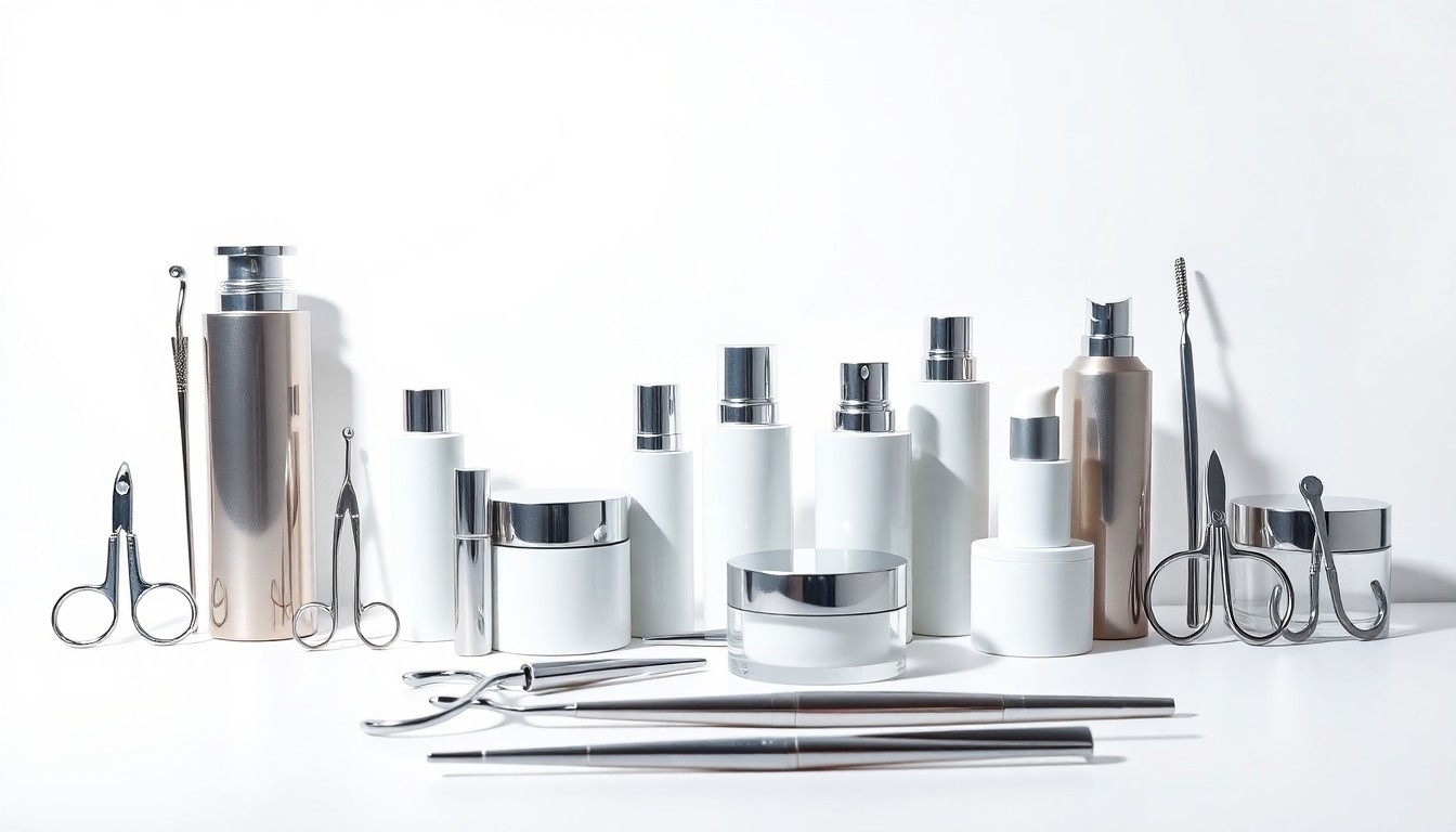 A photorealistic studio still life featuring a collection of elegant, polished medical instruments and beauty products arranged on a clean white background, conceptually representing the precision and professionalism of the aesthetic medicine industry.