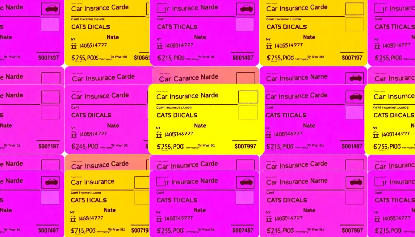 A highly stylized, repeating pattern of a car insurance card rendered in a vibrant, pop art silkscreen style, conceptually representing the importance of reviewing one's policy details.
