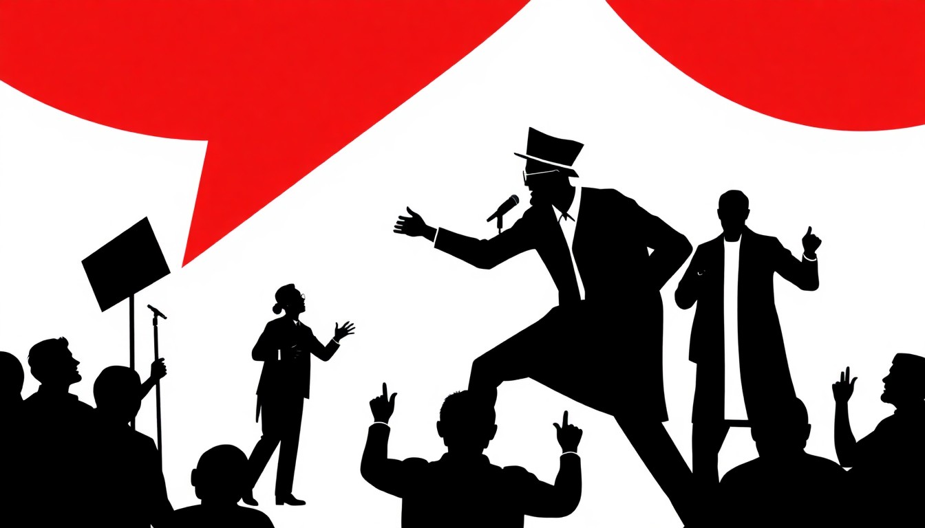 An abstract, minimalist illustration featuring sharp, geometric shapes in bold red and white, conceptually representing the energy and diversity of a student-organized comedy and cultural event.