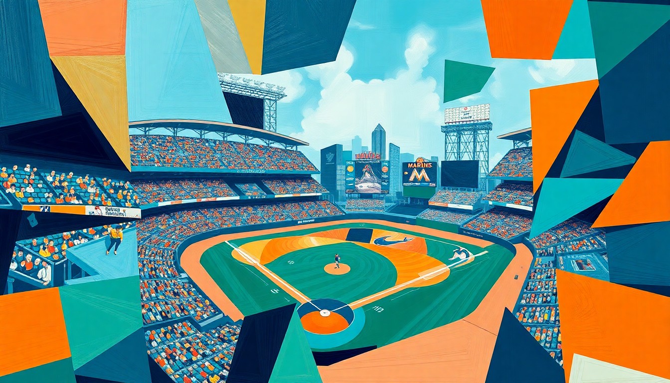 A cubist, geometric painting featuring overlapping planes of teal, orange, and navy blue, capturing the energy and movement of a Marlins baseball game in an abstract, deconstructed style.