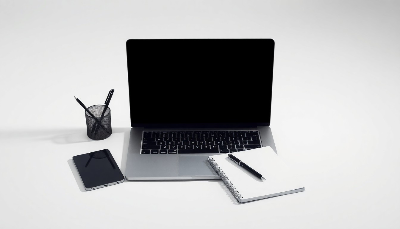 A photorealistic studio still life featuring a minimalist desk setup with a laptop, pen, and notepad arranged in a clean, modern composition with dramatic lighting and shadows, conceptually representing the analytical process of improving business operations.