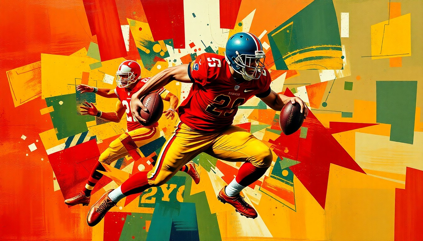 A fractured, geometric painting depicting the explosive movements and energy of a football player, with sharp planes of deep reds, oranges, and greens.