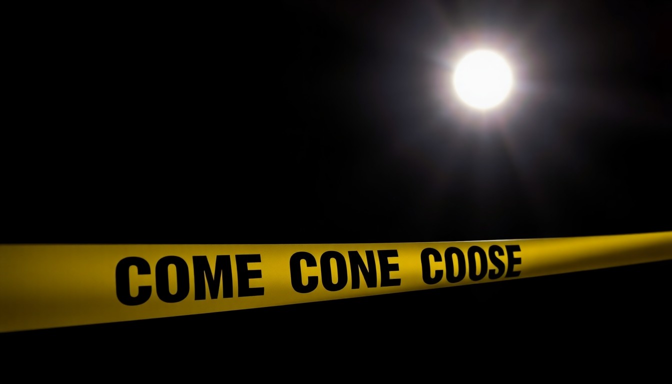 An extreme close-up photograph of a police evidence marker or crime scene tape against a pitch-black background, lit by a harsh, direct camera flash, conceptually representing the tense investigation of a bomb threat.