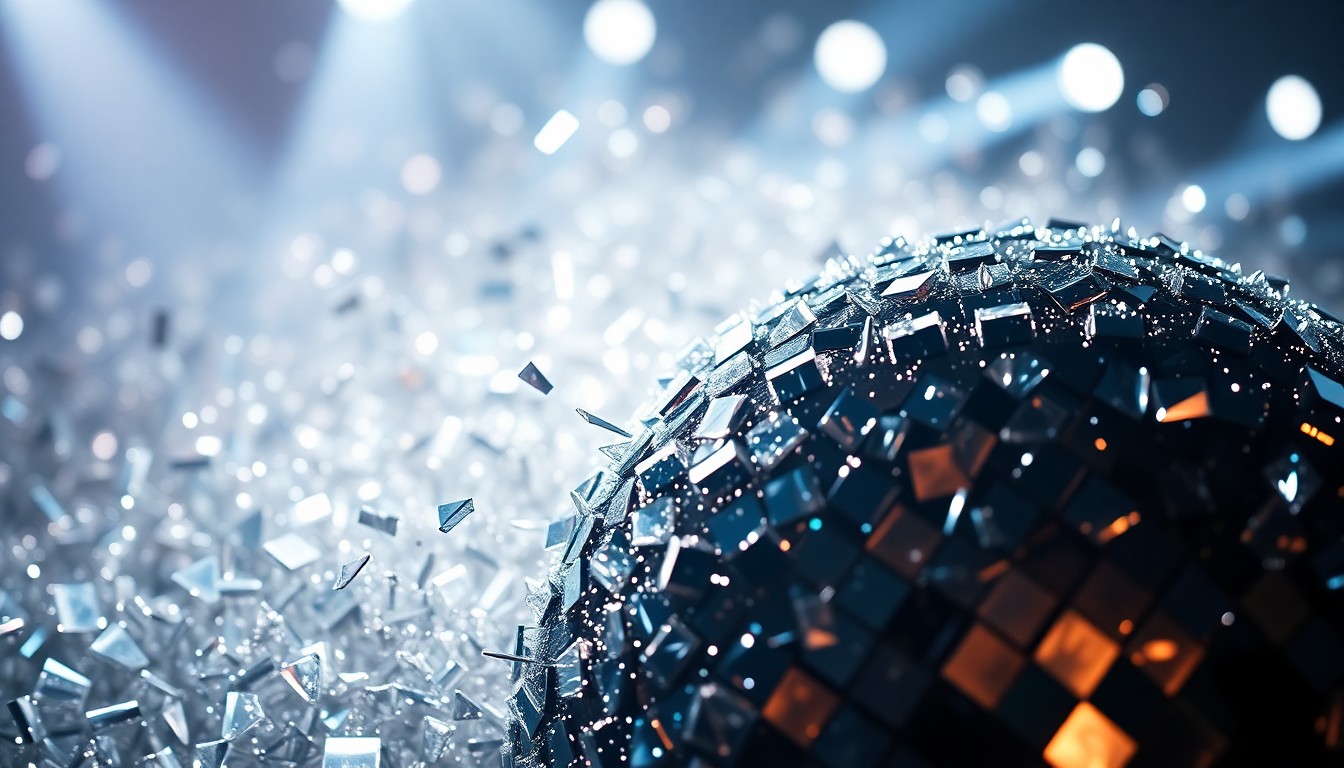 An abstract close-up image of shimmering, reflective disco ball shards in high-contrast studio lighting, evoking the energy and glamour of Coachella's electronic music performances.