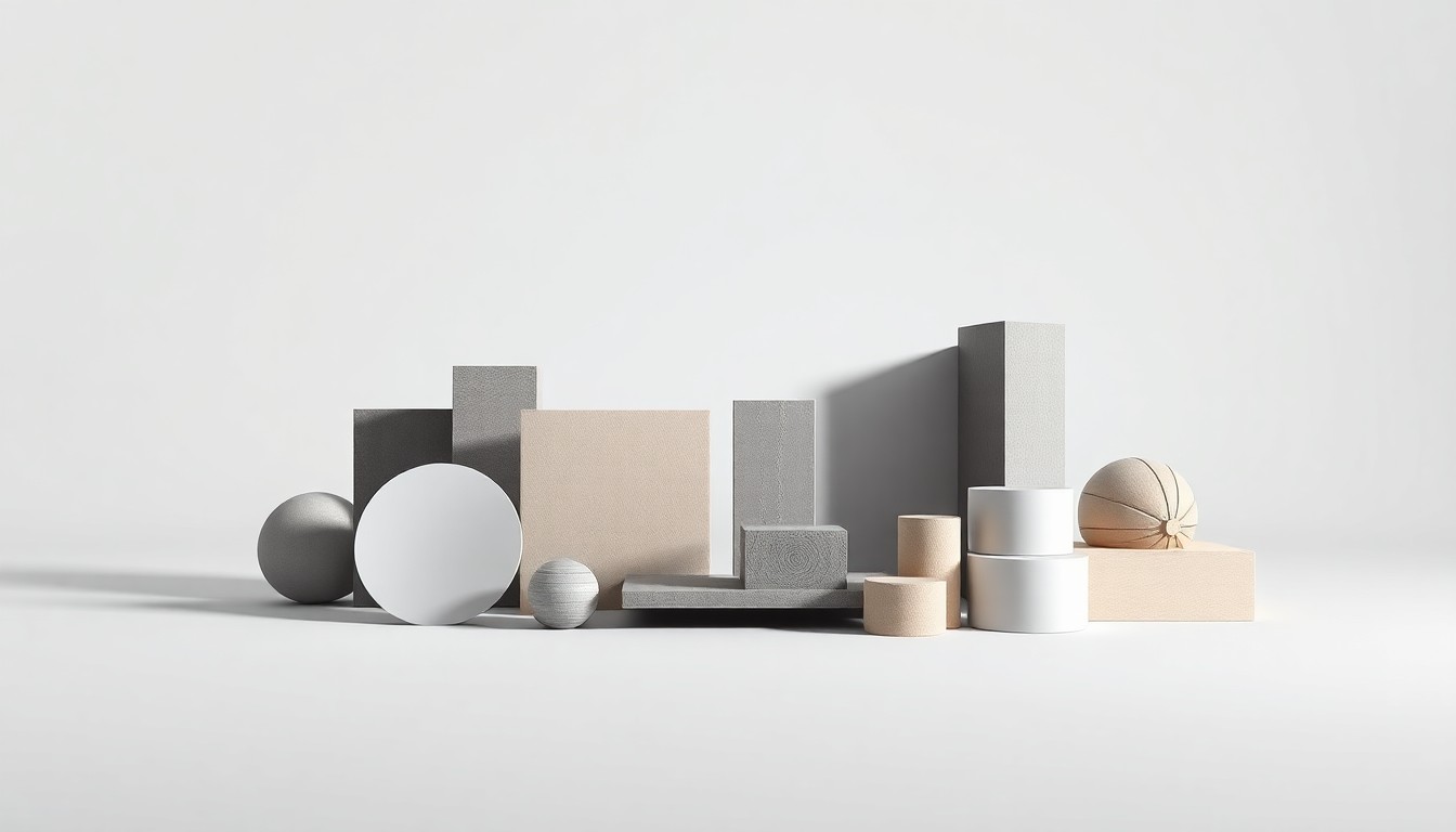 A high-end, photorealistic studio still-life photograph featuring a collection of premium, polished materials and geometric shapes arranged elegantly on a clean, monochromatic background, conceptually representing the abstract challenges of urban planning and community growth.