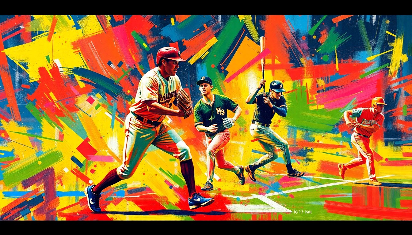 An abstract, energetic painting in neon colors capturing the dynamic motion and raw emotion of a baseball game, with players' forms dissolving into vibrant brushstrokes and splashes of color.