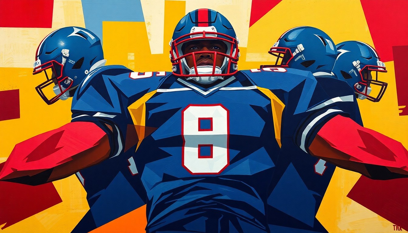 A cubist, geometric painting depicting the deconstructed elements of a football uniform in the Commanders' official colors, conceptually representing the team's upcoming uniform reveal.