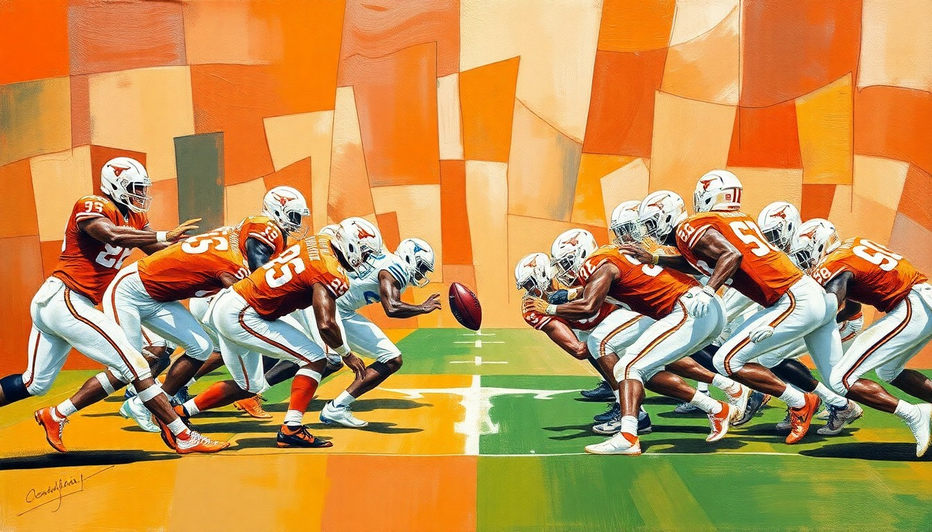 A fragmented, geometric painting depicting a Texas Longhorns offensive line play, with players and the field broken down into sharp, overlapping shapes and planes, conveying the raw power and energy of the game.