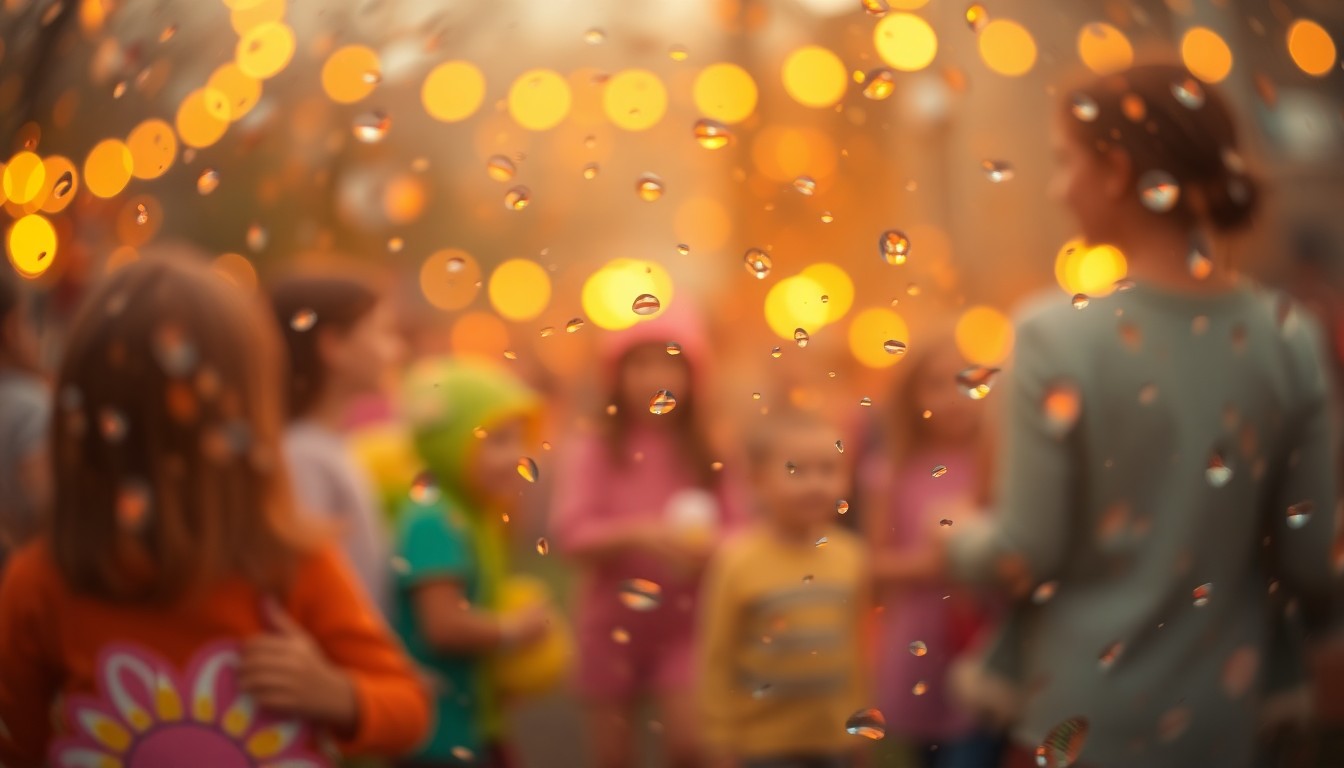 An abstract, out-of-focus scene of colorful Easter eggs and blurred figures, conveying the celebratory atmosphere of a community event.