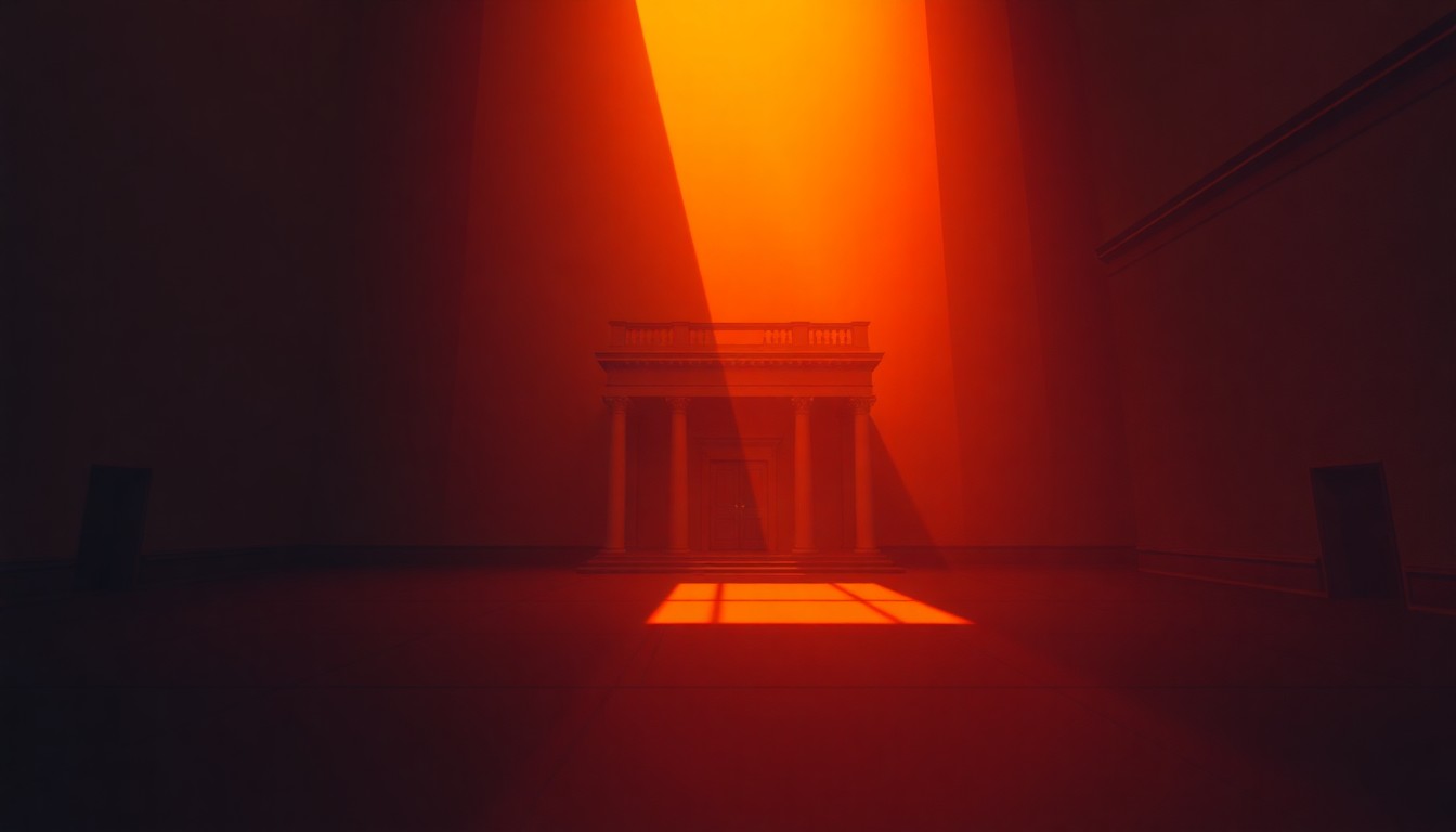 A photorealistic painting of a town hall building in warm, golden light, with deep shadows casting an ominous mood over the scene, conveying a sense of civic unease and political tension.