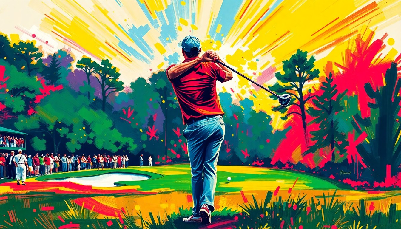 An abstract, energetic painting featuring bold, neon-colored brushstrokes that capture the dynamic motion of a golfer swinging a club on a golf course, conveying the excitement and intensity of the Masters Tournament.