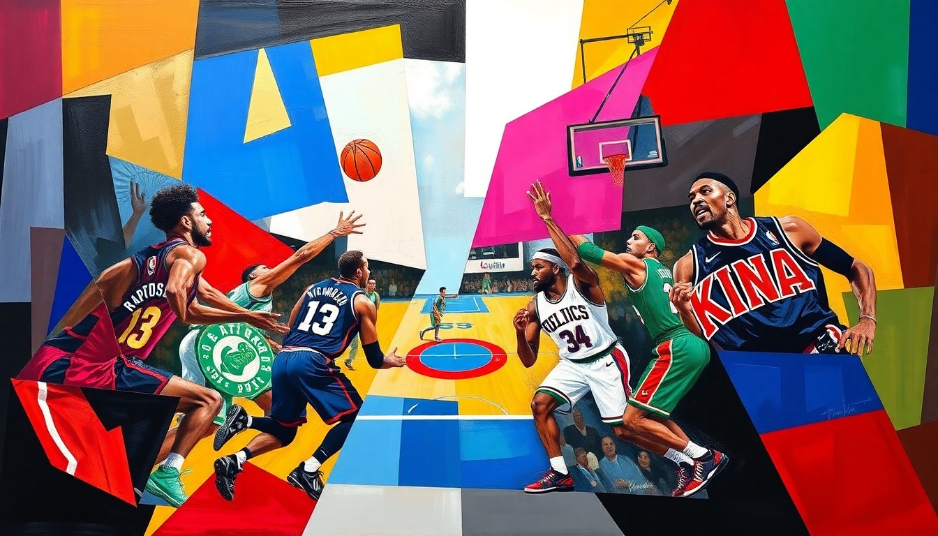 A fractured, cubist-style painting depicting the action of a basketball game, with sharp geometric shapes and planes of color representing the players and court. The vibrant colors of the Raptors, Celtics, Pistons, and Knicks uniforms are visible, but no specific players or logos are identifiable.