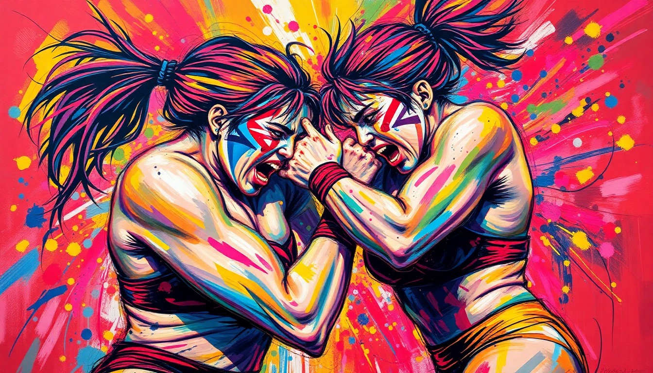 An extreme close-up of two female wrestlers' heads colliding in a violent, explosive burst of neon paint splatters, capturing the raw energy and danger of their unscripted clash.