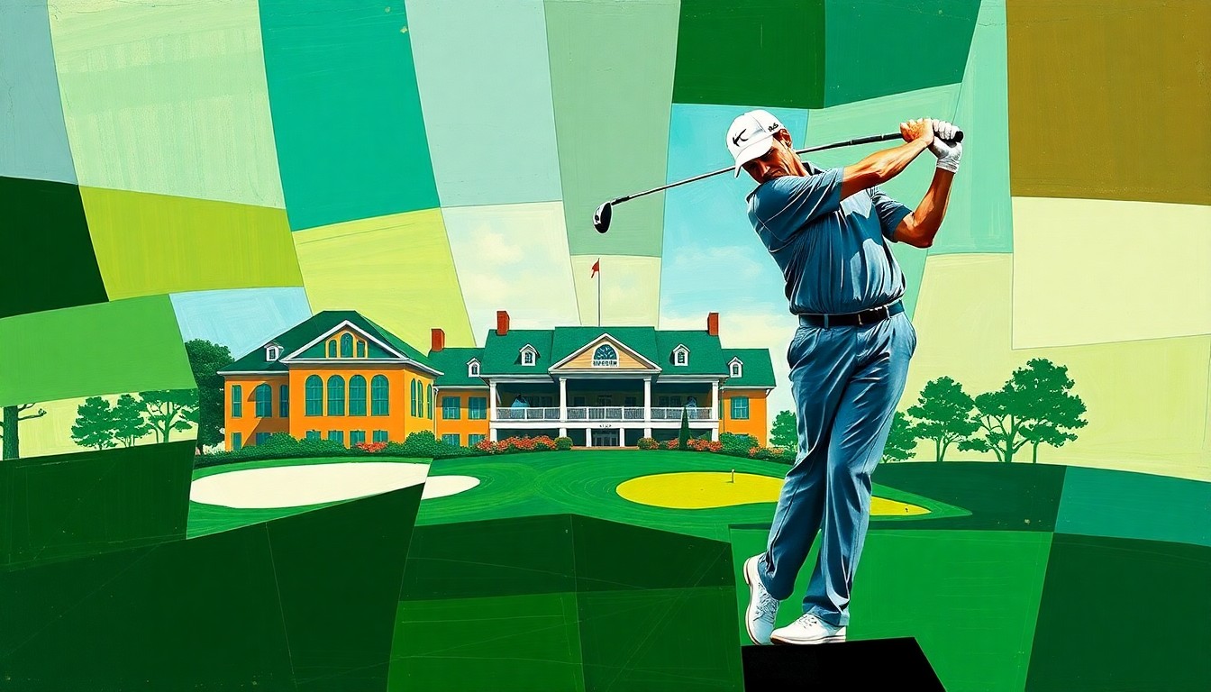 A cubist, geometric painting depicting a fractured, multi-perspective view of a golfer's swing, the Augusta National clubhouse, and the Masters Tournament trophy, rendered in a palette of emerald, sky blue, and ochre.