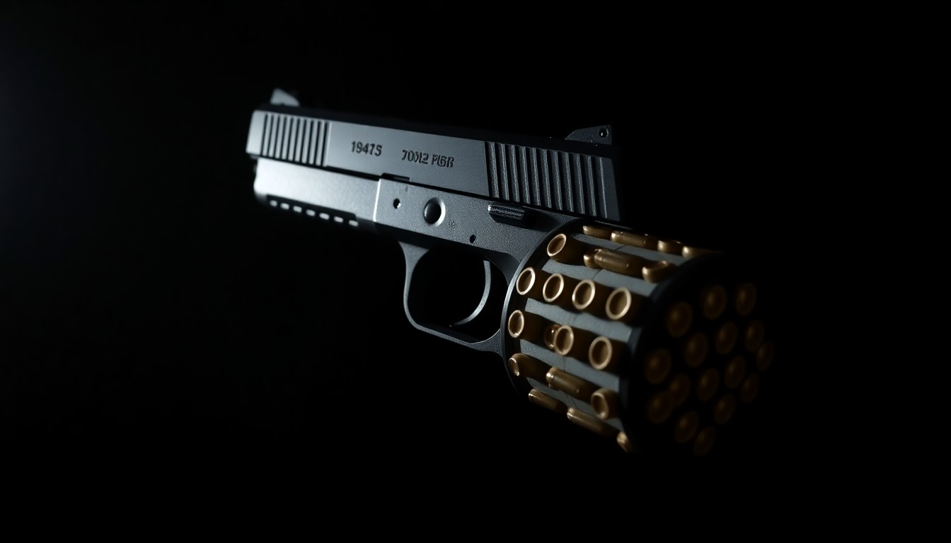 An extreme close-up photograph of a handgun with an extended magazine, lit by a harsh flash against a dark background, conveying the gritty, investigative nature of this crime story.
