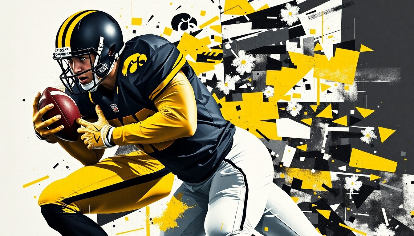 A fractured, multi-perspective painting depicting a college football player making a tackle, with sharp, overlapping geometric planes in the official colors of the University of Iowa Hawkeyes.