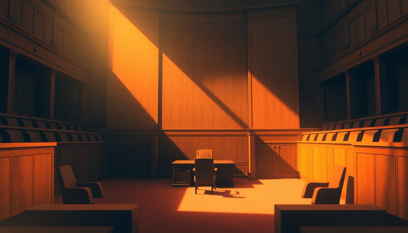 A dimly lit, cinematic painting of an empty legislative chamber with a single desk and chair at the center, bathed in warm, diagonal sunlight and deep shadows, conveying a sense of quiet contemplation and transition.