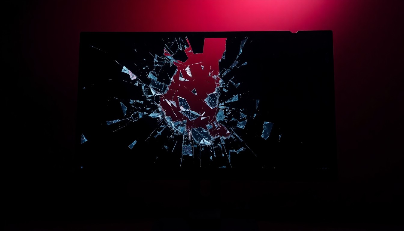 An extreme close-up photograph of the cracked and shattered surface of a computer monitor screen, captured in dramatic, high-contrast studio lighting that creates a sense of glamour and luxury from the jagged, fragmented textures.