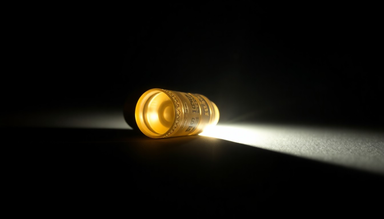 An extreme close-up photograph of a small metal object, such as a bullet casing or shell fragment, lit by a harsh, direct camera flash against a pitch-black background, creating a stark, gritty, and investigative aesthetic.