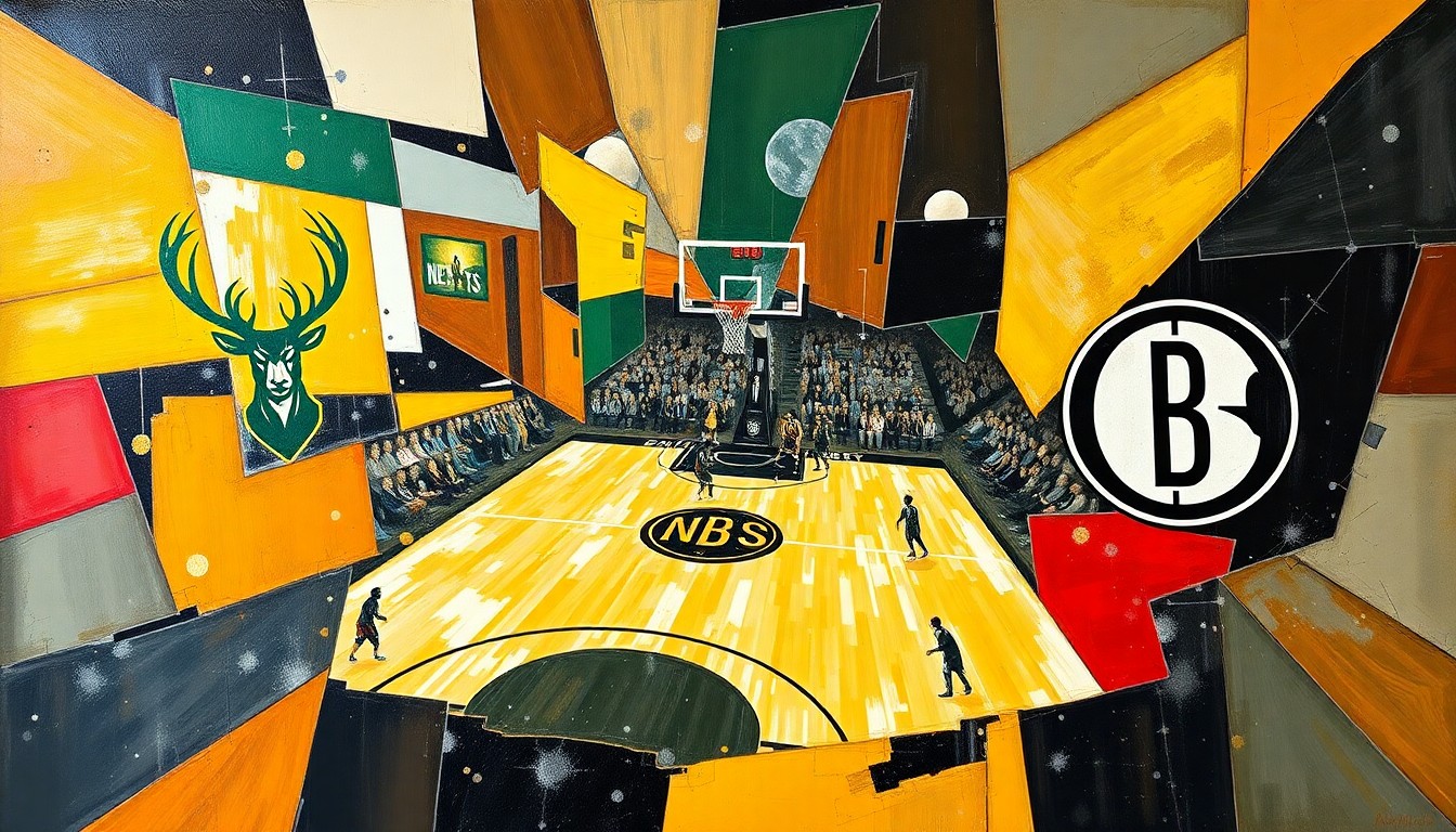 A cubist, geometric painting depicting a basketball game between the Milwaukee Bucks and Brooklyn Nets, with the players and court broken down into sharp, overlapping shapes and planes of color.