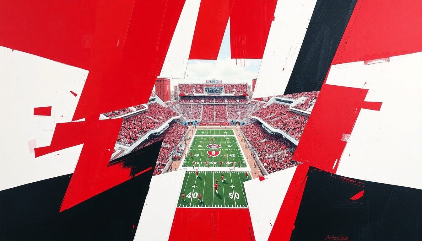 A cubist, geometric painting depicting a football game in motion, with players and the field broken down into sharp, overlapping planes of red, white, and black, capturing the dynamic energy of the sport.