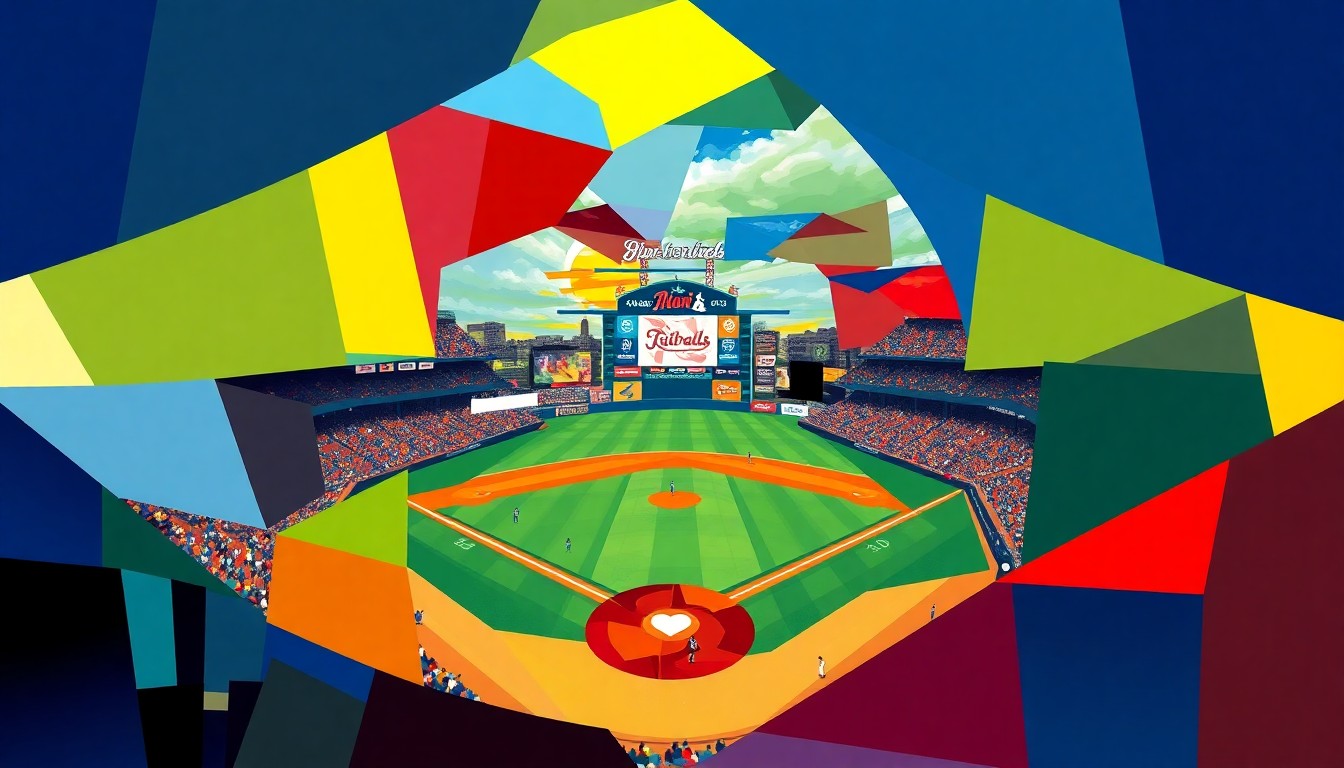 A cubist, geometric painting depicting a baseball game in motion, with sharp planes of color representing the players, field, and crowd, conveying the energy and excitement of the sport.