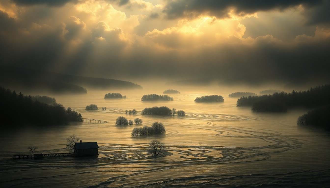 A sweeping, atmospheric landscape painting depicting a flooded riverfront, with the swollen Kentucky River dominating the scene and dwarfing any remaining structures or landmarks in the distance.