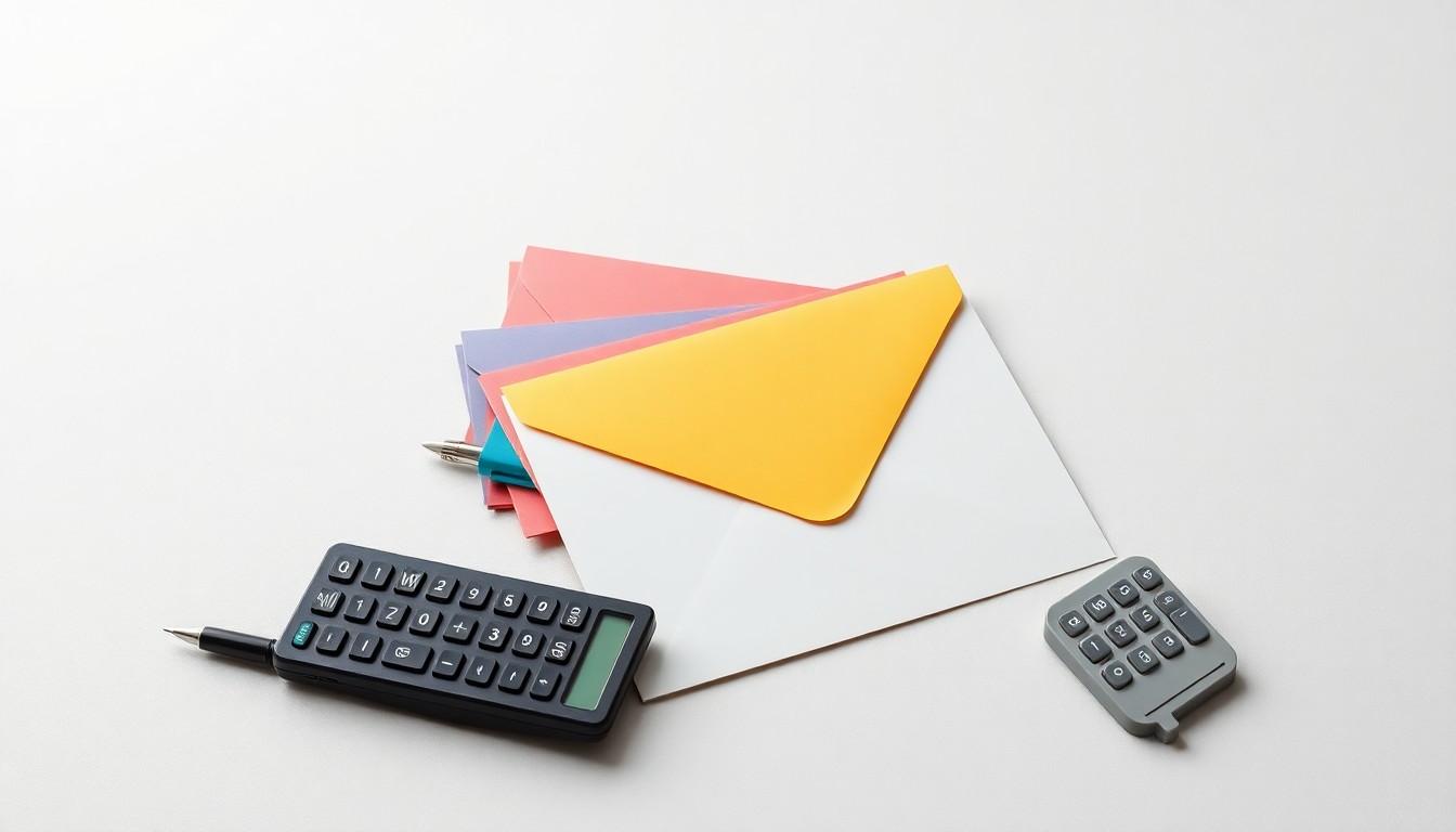 A high-end, photorealistic studio still-life photograph featuring a stack of colorful donation envelopes, a pen, and a calculator on a clean, monochromatic seamless background, conceptually representing corporate philanthropy and nonprofit fundraising.