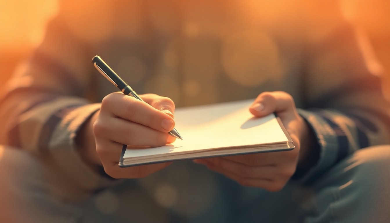 An extremely abstracted, out-of-focus photograph of a young person's hands holding a pen and notebook, surrounded by a warm, hazy glow of light, conceptually representing the quiet determination and potential of homeless youth striving for a better future.