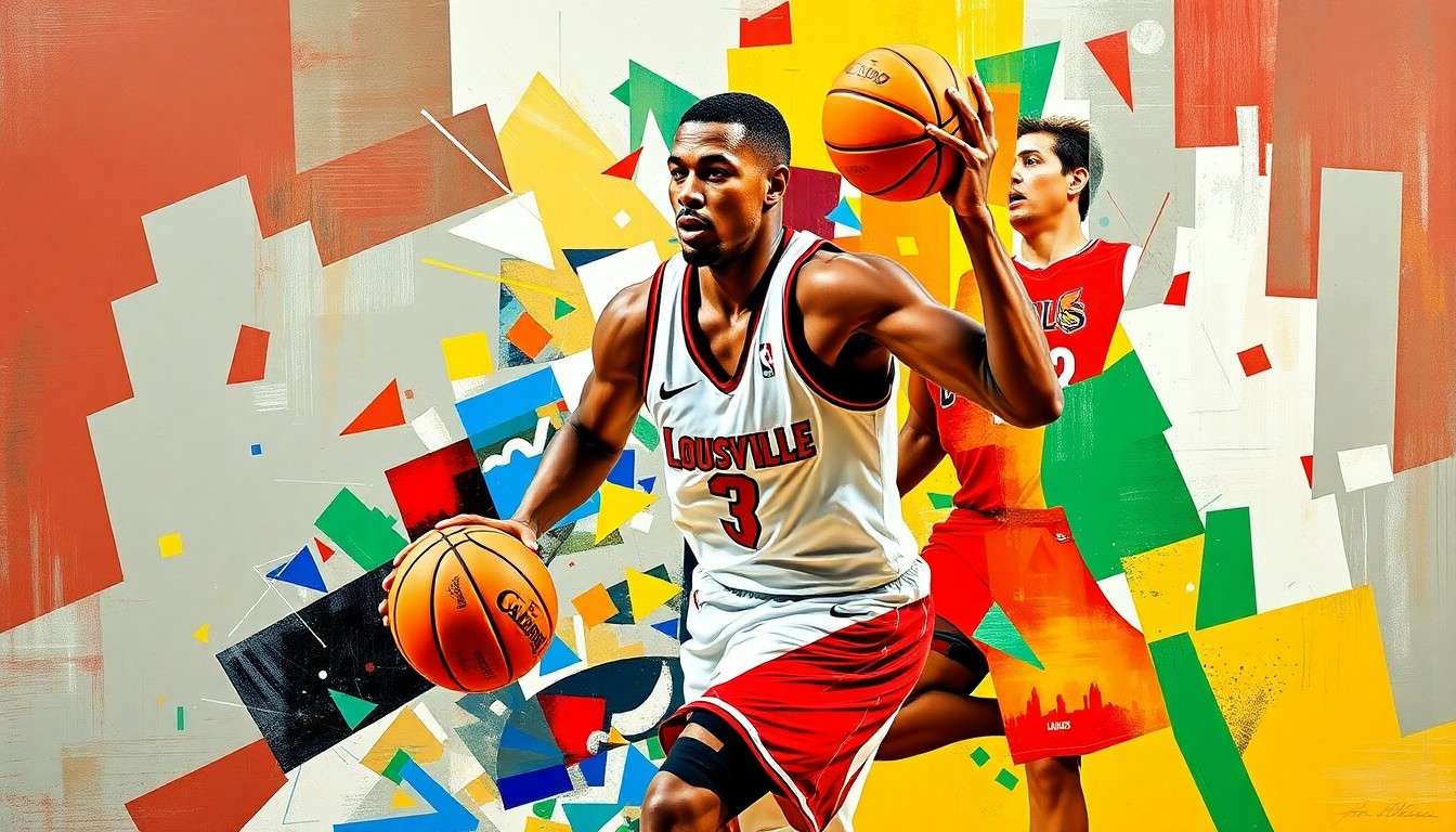 A fragmented, cubist-style painting depicting a college basketball player in motion, with sharp geometric shapes and planes in the colors of the Louisville Cardinals and San Francisco Dons uniforms.