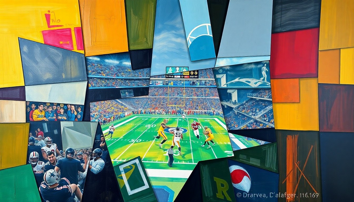 A fragmented, geometric painting depicting a football game or NFL draft scene, with sharp planes of color and shape representing the strategic decisions and complex dynamics of the Jets' tight end position.