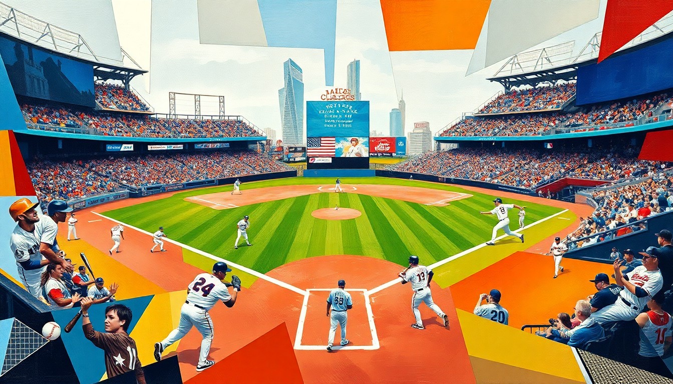 A fractured, multi-perspective painting depicting a baseball game between the Los Angeles Dodgers and Toronto Blue Jays. The players and field are reduced to abstract geometric shapes and forms, creating a dynamic and energetic visual representation of the competition between the two teams.