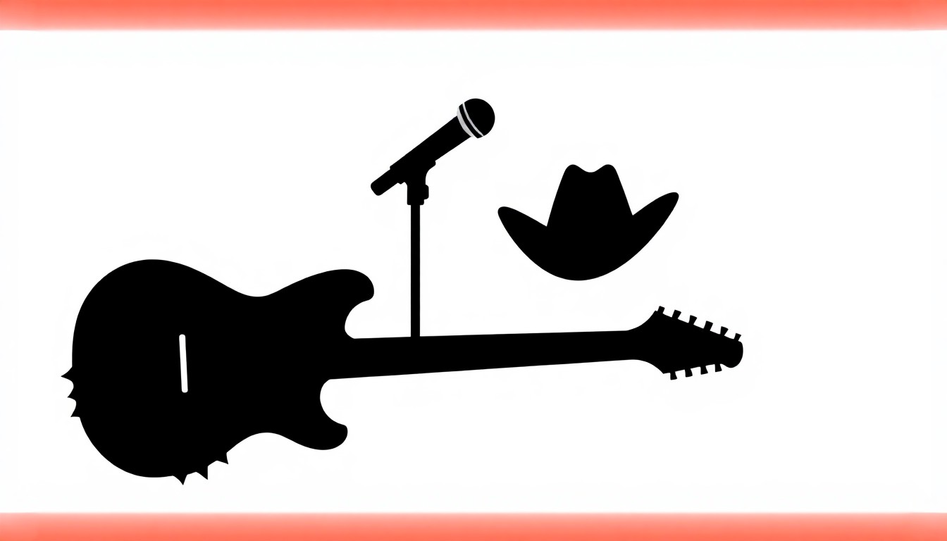 A bold, graphic composition of jagged, overlapping black silhouettes representing the shapes of a guitar, microphone, and cowboy hat, set against a high-contrast background of deep red and bright white, conceptually illustrating the energy and spirit of a country music concert.