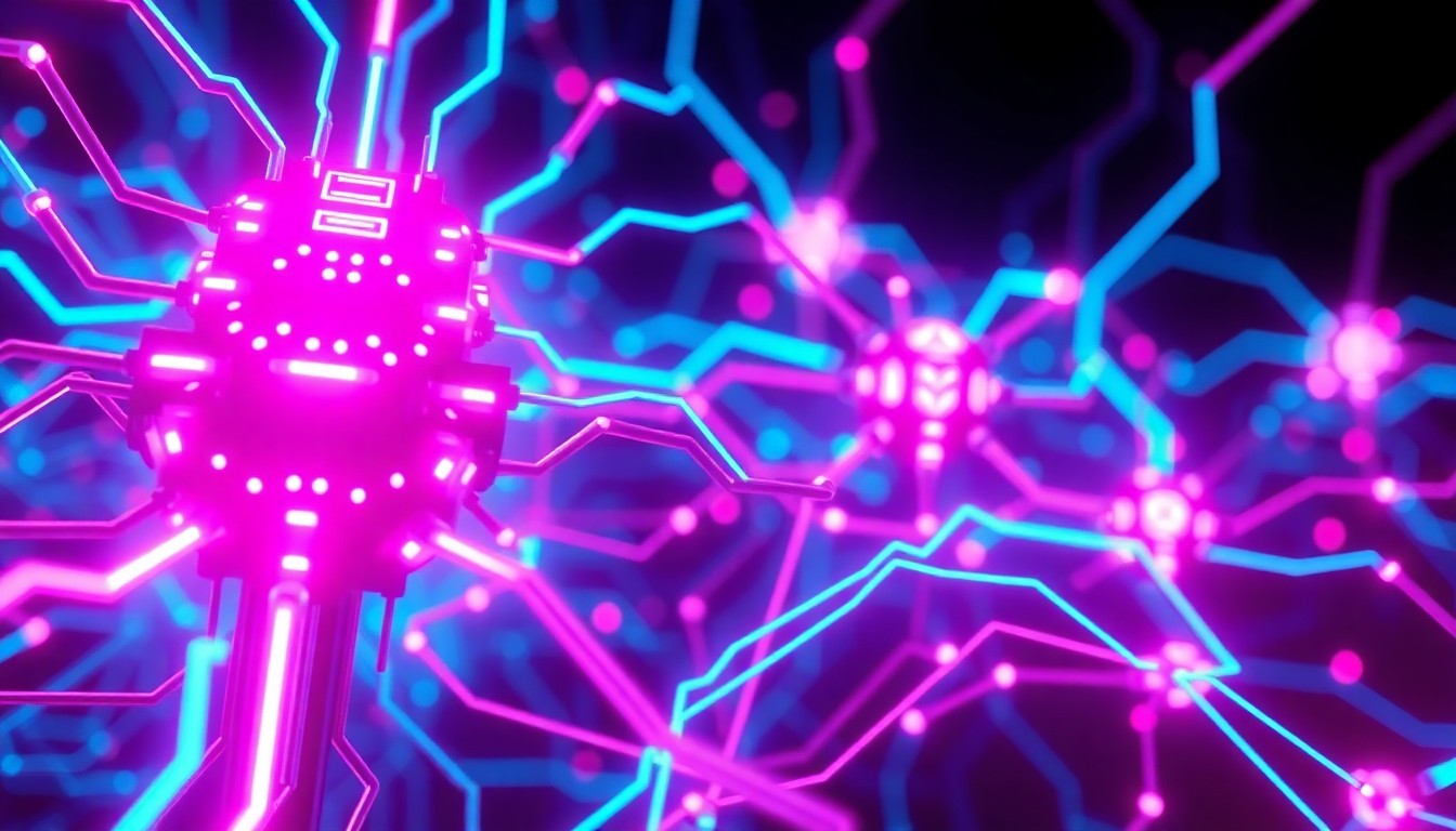 A highly detailed, 3D macro illustration of a complex, glowing AI neural network, with neon cyan and magenta lights pulsing through a web of interconnected circuits and processors, conveying the power and potential of emerging artificial intelligence technology.