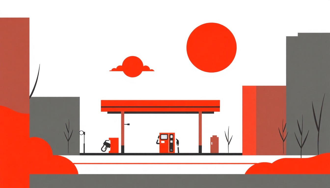 An abstract geometric illustration using bold red, orange, and gray shapes to symbolize the rising cost of gasoline and its economic impact on the state.