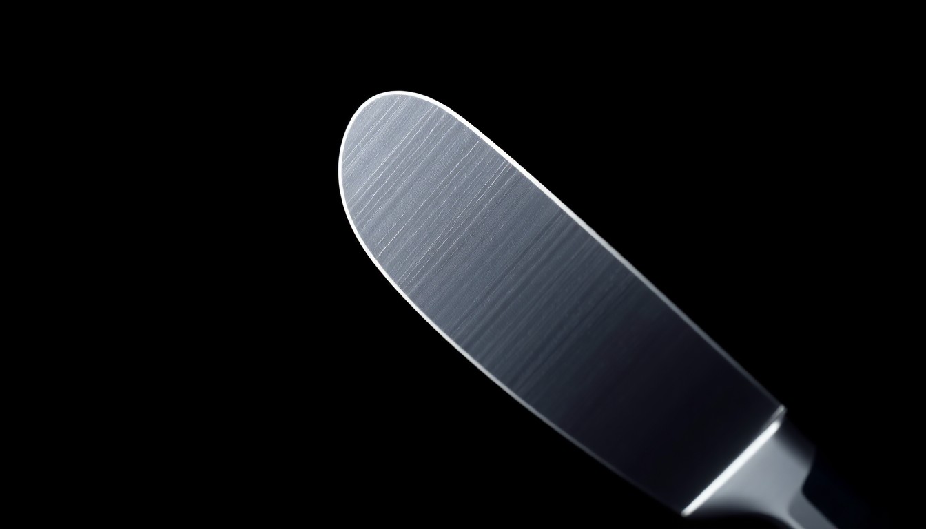 An extreme close-up of a large kitchen knife blade, the metal surface reflecting the harsh light of the camera flash against a pitch-black background, conceptually illustrating the dangerous weapon at the center of this violent crime incident.