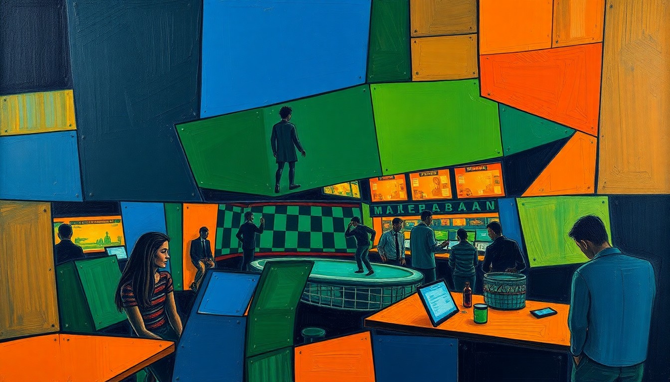 A fragmented, cubist-inspired painting depicting various geometric shapes and planes in navy, green, and orange hues, representing the dynamic nature of sports betting.