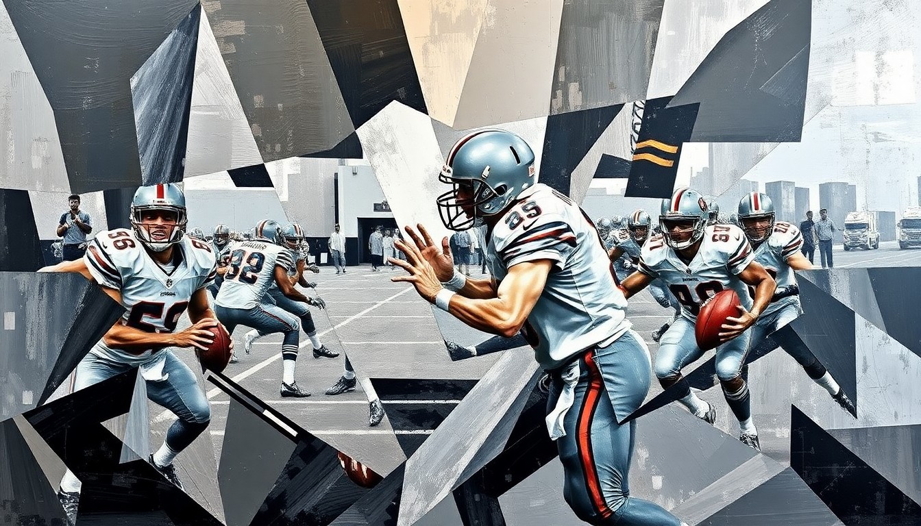A fractured, cubist-style painting depicting the action of a football game or quarterback, with sharp geometric planes in shades of silver, black, and metallic accents, conveying the energy and movement of the sport.