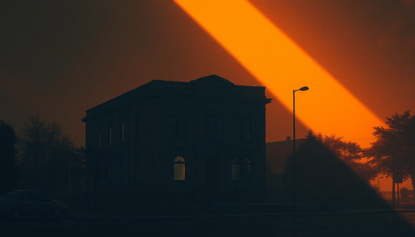 A photorealistic painting of a government building in downtown Buffalo, with warm sunlight casting long shadows across the facade and surrounding streets, conveying a sense of civic contemplation and financial uncertainty.